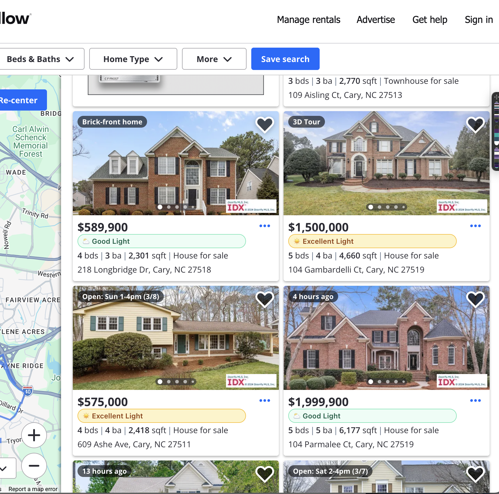 Zillow search results with Will It Be Bright light grades on each listing