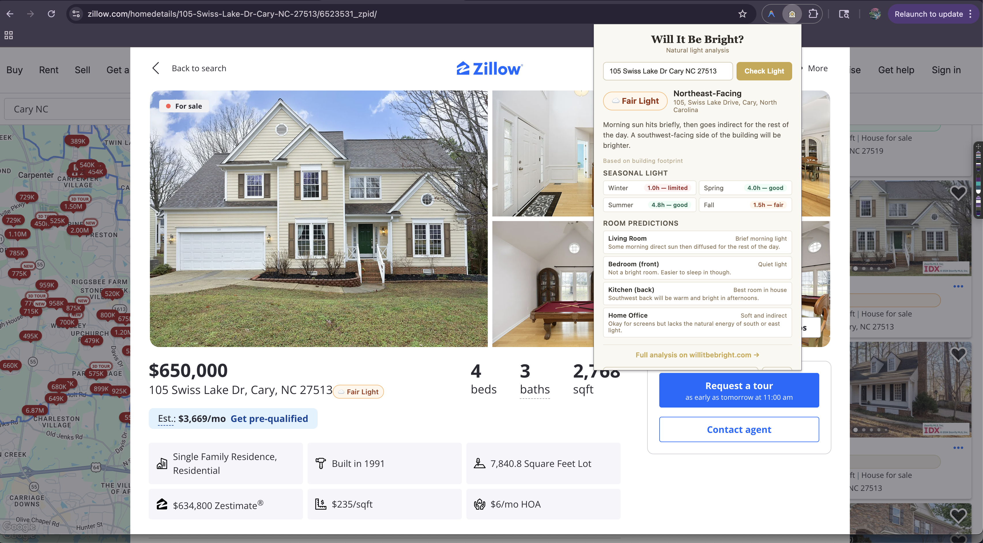 Extension popup showing Fair Light analysis with room predictions for a northeast-facing home