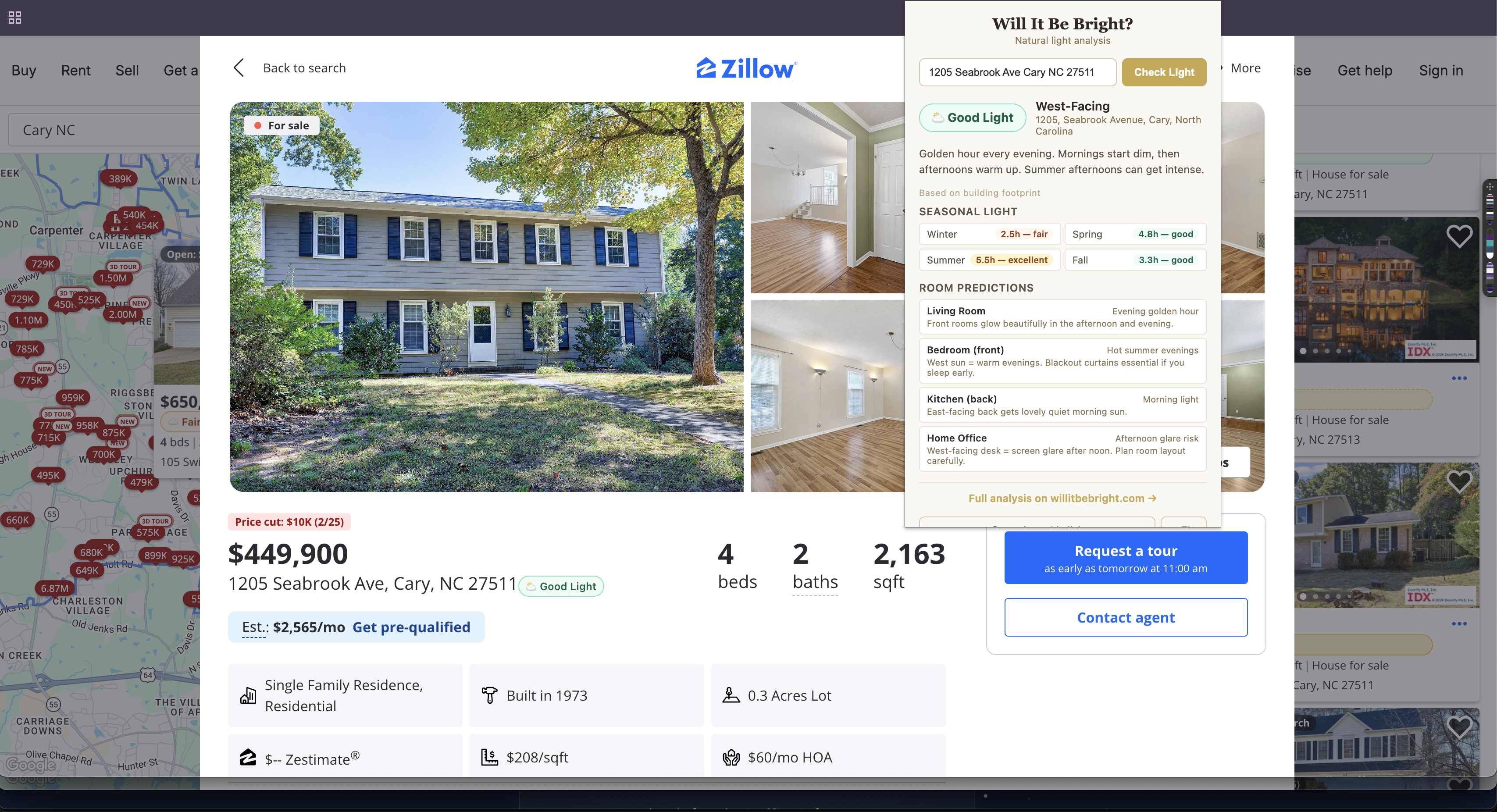 Extension popup showing Good Light analysis for a west-facing home with seasonal breakdown