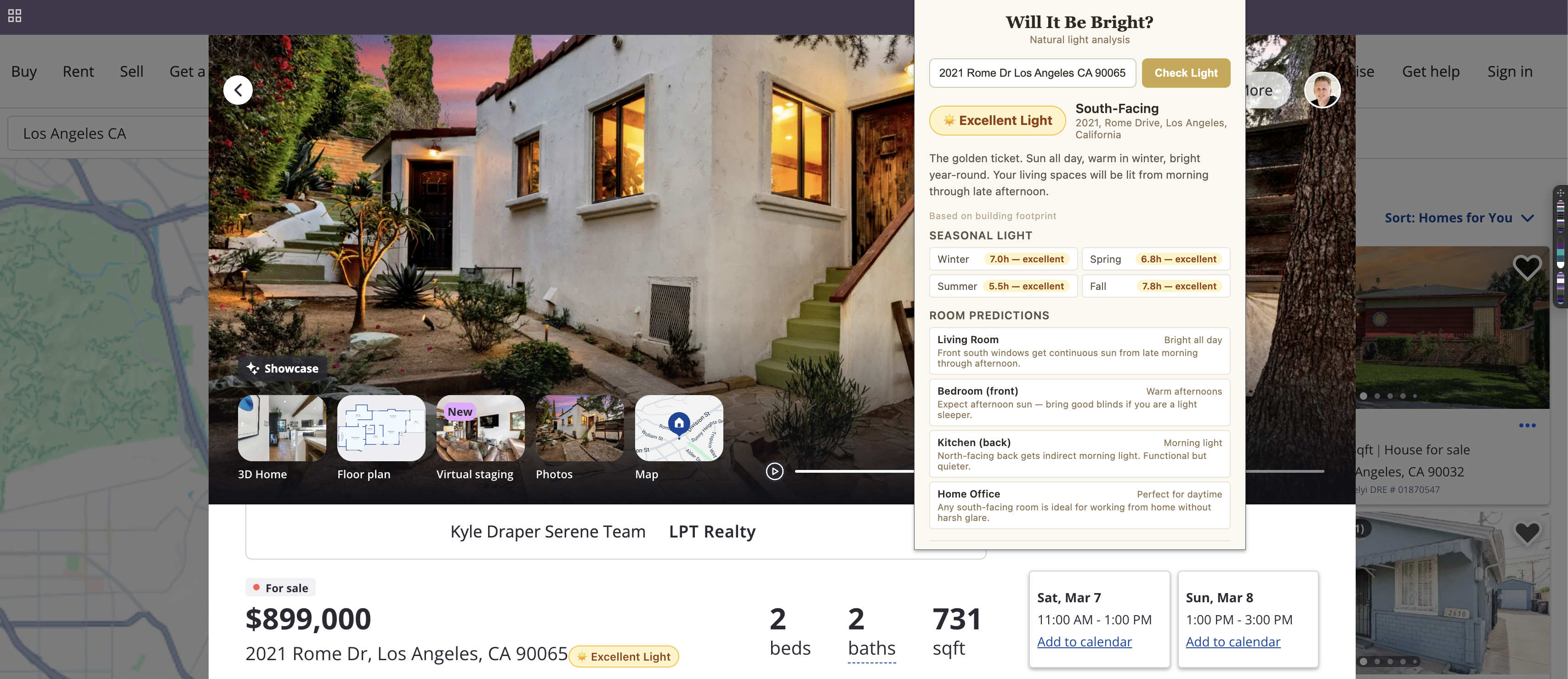 Extension popup showing Excellent Light analysis for a south-facing home in Los Angeles