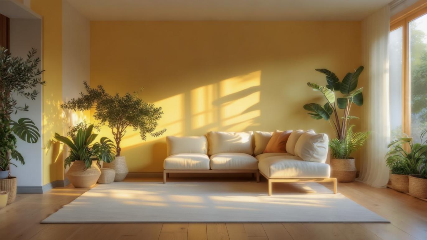 Sunlit living room with golden wall, cream sofa, and lush plants