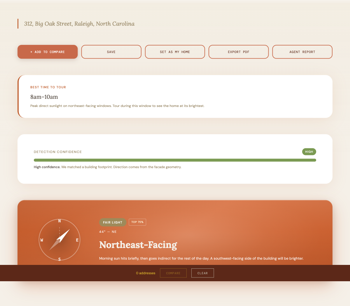 Example sunlight analysis showing compass orientation, brightness grade, and best time to tour